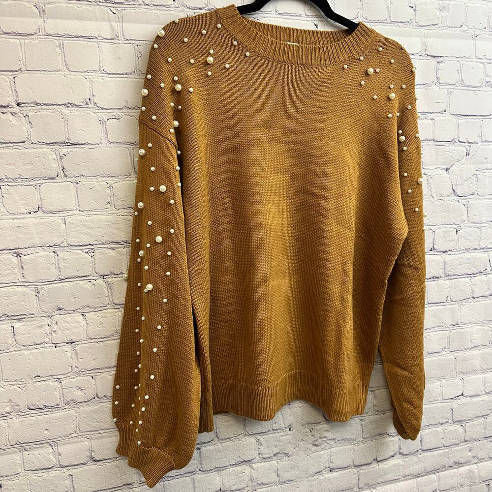 Blooming Jelly Oversized Brown Long Sleeve Sweater Pearl Beaded Women's Medium - Picture 5 of 6